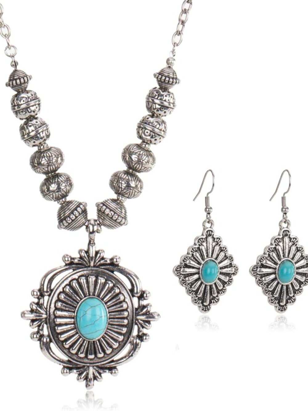 Turquoise Dangle Earring and Necklace Jewelry Set for Women - Rustic Chic Style